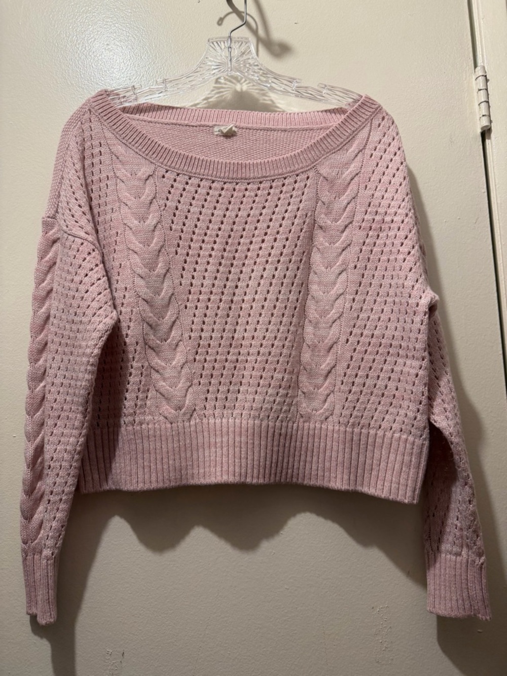 Garage Soft Pink Cable & Eyelet Knit Crewneck Sweater